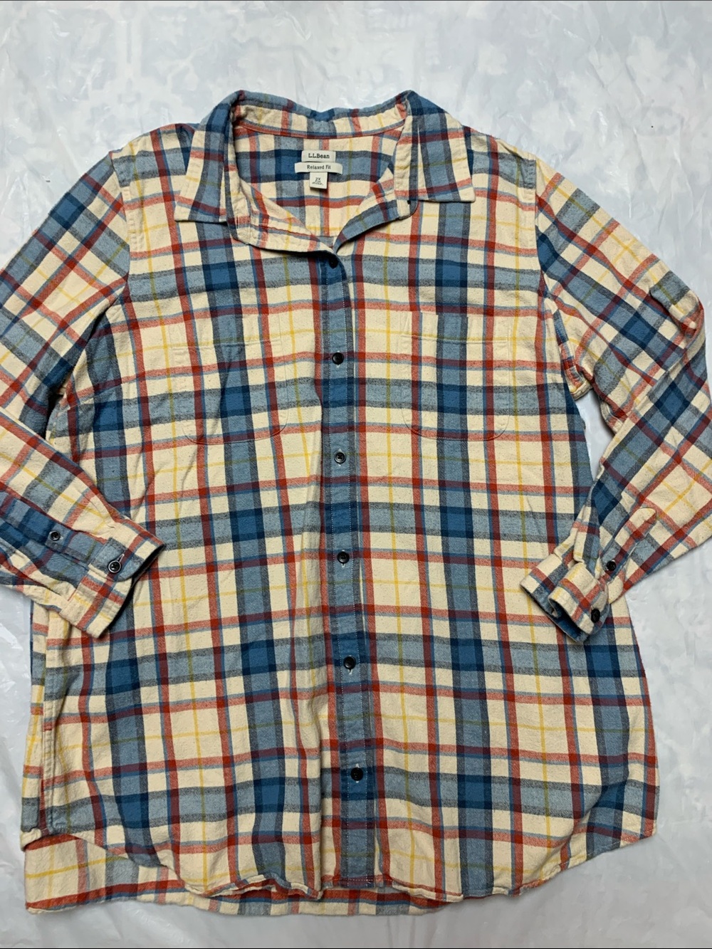 LL Bean Relaxed Fit Flannel Shirt Blue Cream Plaid Plus Size 2XL